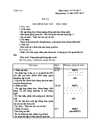 Giáo án Lớp 1 - Tuần 4 - Bài 4: Đội hình đội ngũ - trò chơi - Năm học 2017-2018