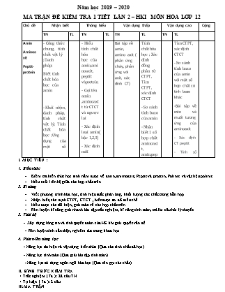 Ma trận đề kiểm tra 1 tiết môn Hóa học Lớp 12 - Lần 2 - Học kỳ I - Năm học 2019-2020