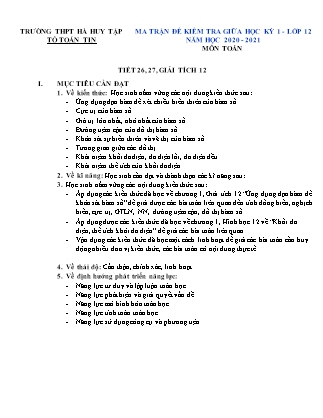 Ma trận đề kiểm tra giữa học kỳ I môn Toán Lớp 12 - Tiết 26+27 - Năm học 2020-2021 - Trường THPT Hà Huy Tập