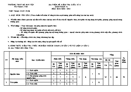 Ma trận đề kiểm tra môn Toán Lớp 12 - Tiết 77+78 - Giữa học kỳ II - Năm học 2020-2021