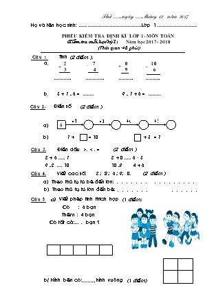 Phiếu kiểm tra định kỳ cuối học kỳ I môn Toán Lớp 1 - Năm học 2017-2018