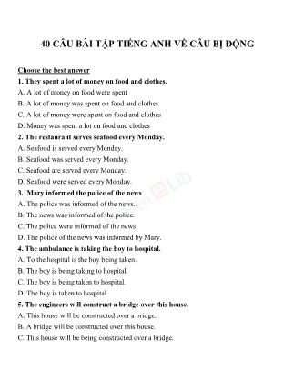 40 câu bài tập môn Tiếng Anh về câu bị động
