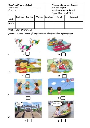 Bài kiểm tra cuối học kỳ II môn Tiếng Anh Lớp 3 - Năm học 2018-2019 - Trường TH số 2 Hoài Tân (Có đáp án)