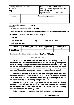 Bài kiểm tra cuối học kỳ II môn Tiếng Việt Lớp 4 - Năm học 2016-2017 - Trường TH Sơn Cao