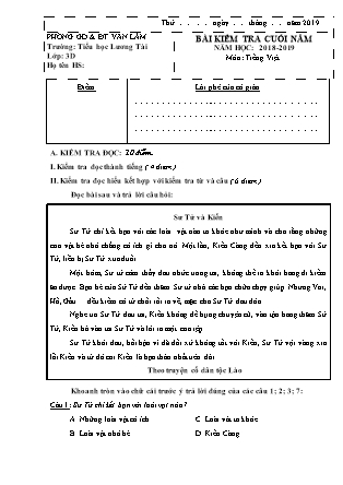 Bài kiểm tra cuối năm môn Tiếng Việt Lớp 3 - Năm học 2018-2019 - Phòng GD&ĐT Văn Lâm (Kèm đáp án)