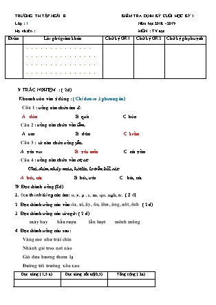 Bài kiểm tra định kỳ cuối học kỳ I môn Tiếng Việt Lớp 1 - Năm học 2018-2019 - Trường TH Tập Ngãi B (Có đáp án)