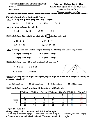 Bài kiểm tra định kỳ cuối học kỳ I môn Toán Lớp 2 - Trường TH Quỳnh Thắng B (Có đáp án)