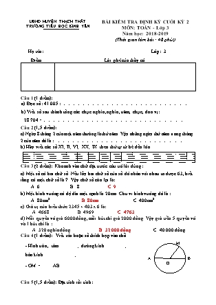 Bài kiểm tra định kỳ cuối học kỳ II môn Toán + Tiếng Việt Lớp 3 - Năm học 2018-2019 - Trường TH Bình Yên (Có đáp án)