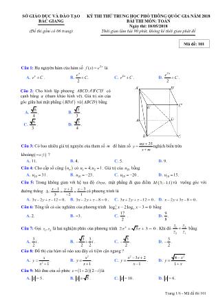 Bài thi môn Toán - Kỳ thi thử THPT Quốc gia năm 2018 - Mã đề 101 - Sở GD&ĐT Bắ giang