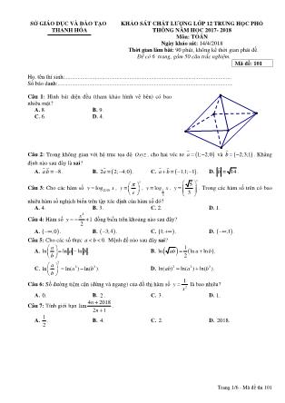 Đề khảo sát chất lượng môn Toán Lớp 12 - Mã đề 101 - Năm học 2017-2018 - Sở GD&ĐT Thanh Hóa