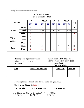 Đề kiểm tra cuối học kỳ II môn Toán Lớp 1 - Năm học 2017-2018 - Trường TH Minh Thạnh (Có ma trận và đáp án)