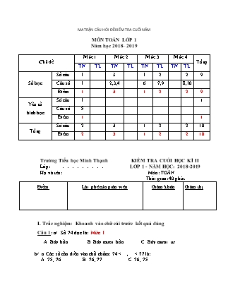 Đề kiểm tra cuối học kỳ II môn Toán Lớp 1 - Năm học 2018-2019 - Trường TH Minh Thạnh (Có ma trận và đáp án)