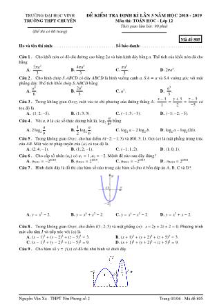 Đề kiểm tra định kỳ lần 3 môn Toán Lớp 12 - Mã đề 805 - Năm học 2018-2019 - Nguyễn Văn Xá