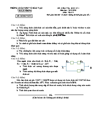 Đề kiểm tra học kỳ I môn Vật lý Lớp 9 - Năm học 2019-2020 - Phòng GD&ĐT Triệu Phong (Có đáp án)
