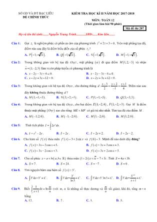Đề kiểm tra học kỳ II môn Toán Lớp 12 - Mã đề 207 - Năm học 2017-2018 - Sở GD&ĐT Bạc Liêu