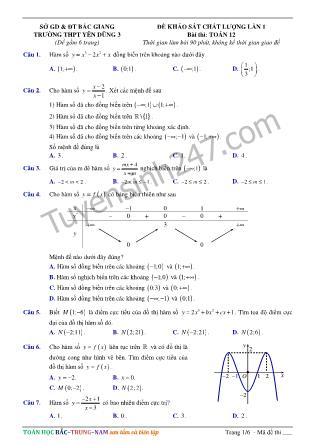 Đề thi khảo sát chất lượng lần 1 môn Toán Lớp 12 - Trường THPT Yên Dũng 3