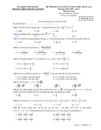 Đề thi khảo sát chất lương THPT Quốc gia môn Toán - Lần 3 - Mã đề 132 - Trường THPT chuyên Lam Sơn