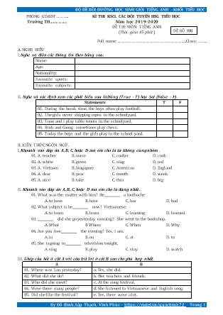 Đề thi môn Tiếng Anh - Kỳ thi khảo sát các đội tuyển học sinh giỏi tiểu học - Đề số 308 - Năm học 2019-2020