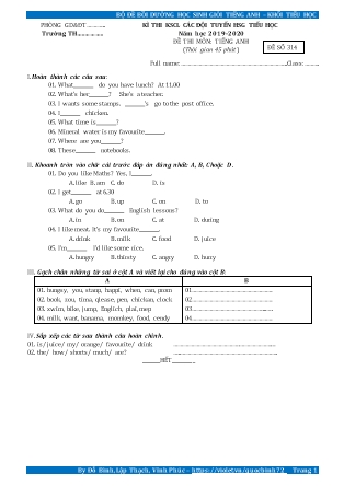 Đề thi môn Tiếng Anh - Kỳ thi khảo sát các đội tuyển học sinh giỏi tiểu học - Đề số 314 - Năm học 2019-2020