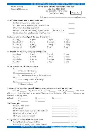 Đề thi môn Tiếng Anh - Kỳ thi khảo sát các đội tuyển học sinh giỏi tiểu học - Đề số 313 - Năm học 2019-2020