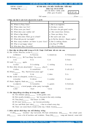 Đề thi môn Tiếng Anh - Kỳ thi khảo sát các đội tuyển học sinh giỏi tiểu học - Đề số 301 - Năm học 2019-2020