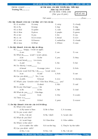Đề thi môn Tiếng Anh - Kỳ thi khảo sát các đội tuyển học sinh giỏi tiểu học - Đề số 303 - Năm học 2019-2020