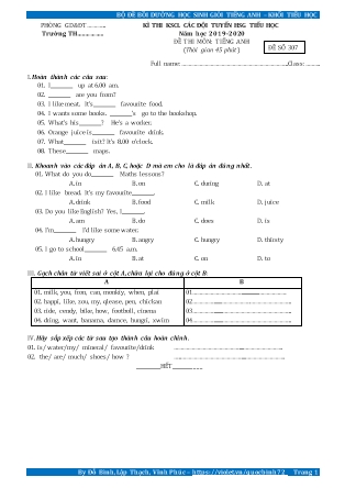 Đề thi môn Tiếng Anh - Kỳ thi khảo sát các đội tuyển học sinh giỏi tiểu học - Đề số 307 - Năm học 2019-2020