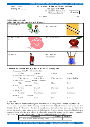 Đề thi thử môn Tiếng Anh - Kỳ thi khảo sát các đội tuyển học sinh giỏi tiểu học - Đề số 309 - Năm học 2019-2020