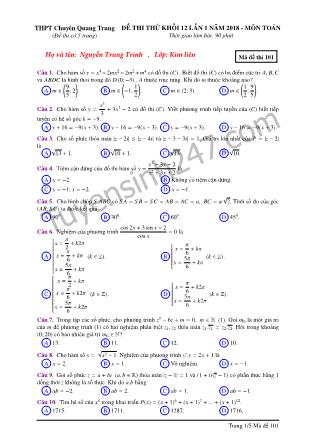 Đề thi thử môn Toán Khối 12 - Lần 1 - Mã đề 101 - Trường THPT chuyên Quang Trung