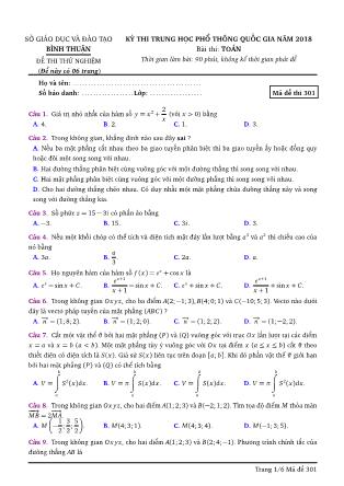 Đề thi thử môn Toán - Kỳ thi THPT Quốc gia năm 2018 - Mã đề 301 - Sở GD&ĐT Bình Thuận