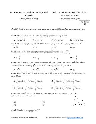 Đề thi thử THPT Quốc gia lần 2 môn Toán - Mã đề 121 - Năm học 2017-2018 - Trường THPT chuyên Quốc học Huế