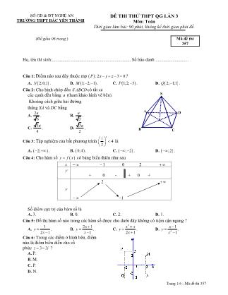 Đề thi thử THPT Quốc gia lần 3 môn Toán - Mã đề 357 - Trường THPT Bắc Yên Thành