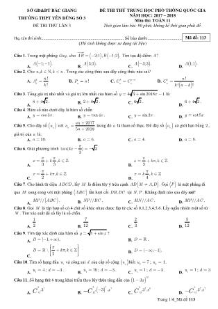Đề thi thử THPT Quốc gia môn Toán - Mã đề 113 - Năm học 2017-2018 - Trường THPT Yên Dũng số 3