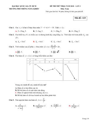 Đề thi thử THPT Quốc gia năm 2018 lần 2 môn Toán - Mã đề 123 - Trường THPT Năng Khiếu (Có đáp án)