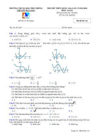 Đề thin thử THPT Quốc gia lần 3 năm 2018 môn Toán - Mã đề 116 - Trường THPT chuyên Hạ Long