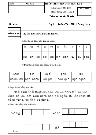 Phiếu kiểm tra cuối học kỳ I môn Tiếng Việt Lớp 1 - Năm học 2019-2020 (Có đáp án)