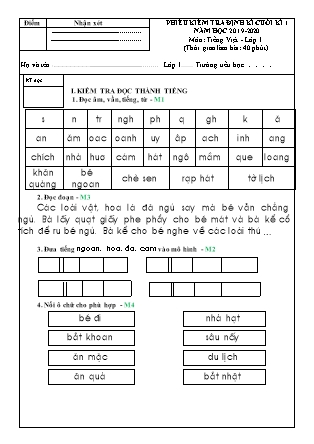 Phiếu kiểm tra định kỳ cuối học kỳ I môn Tiếng Việt + Toán Lớp 1 - Năm học 2019-2020 (Có ma trận)