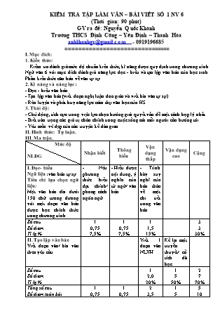 Bài kiểm tra môn Ngữ văn Lớp 6 - Bài viết số 1 - Nguyễn Quốc Khánh (Có ma trận và đáp án)