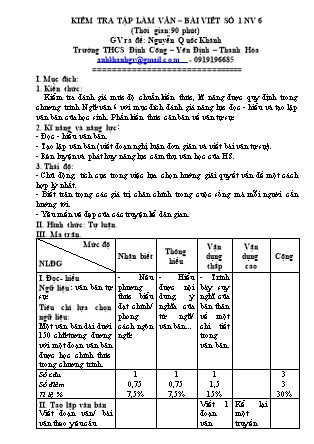 Bài kiểm tra môn Ngữ văn Lớp 6 - Bài viết tập làm văn số 1 - Nguyễn Quốc Khánh (Có ma trận và đáp án)