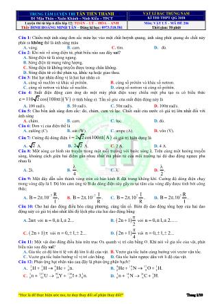 Đề khảo sát chất lượng ôn thi THPT Quốc gia năm 2018 môn Vật lý Lớp 12 - Mã đề 206