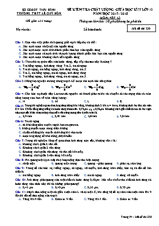 Đề kiểm tra chất lượng giữa học kỳ II môn Vật lý Lớp 12 - Mã đề 230 - Trường THPT Lê Quý Đôn