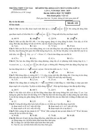 Đề kiểm tra chất lượng lần 1 môn Vật lý Lớp 12 - Mã đề 122 - Năm học 2018-2019 - Trường THPT Vân Tảo