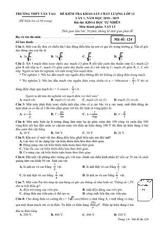Đề kiểm tra chất lượng lần 1 môn Vật lý Lớp 12 - Mã đề 124 - Năm học 2018-2019 - Trường THPT Vân Tảo