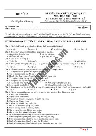 Đề kiểm tra chất lượng môn Vật lý Lớp 12 - Đề số 15 - Năm học 2018-2019 (Có đáp án)