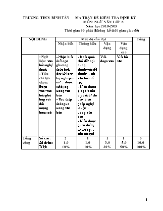 Đề kiểm tra định kỳ môn Ngữ văn Lớp 8 - Năm học 2018-2019 - Trường THCS Bình Tân (Có ma trận và đáp án)