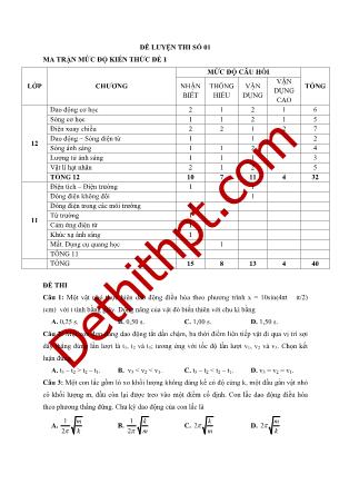 Đề luyện thi THPT Quốc gia môn Vật lý Lớp 12 - Đề số 01 (Có ma trận và đáp án)