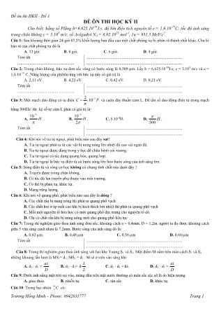 Đề ôn thi học kỳ II môn Vật lý Lớp 12 - Đề số 1 - Trương Hồng Minh