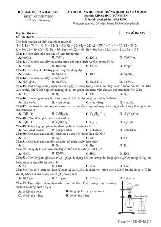 Đề thi môn Hóa học - Kỳ thi trung học phổ thông Quốc gia năm 2018 - Mã đề 215