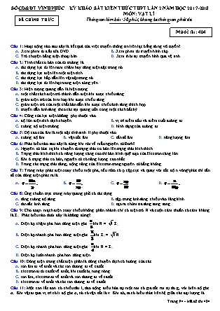 Đề thi môn Vật lý - Kỳ thi khảo sát kiến thức THPT lần 2 - Mã đề 404 - Năm học 2017-2018 - Sở GD&ĐT Vĩnh Phúc