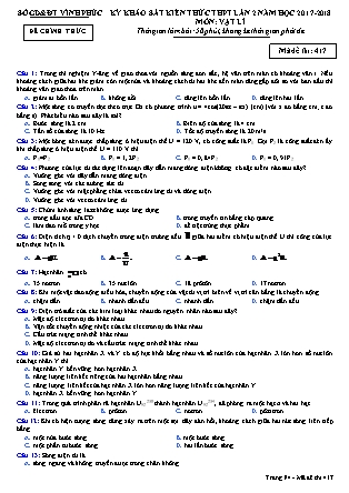 Đề thi môn Vật lý - Kỳ thi khảo sát kiến thức THPT lần 2 - Mã đề 417 - Năm học 2017-2018 - Sở GD&ĐT Vĩnh Phúc